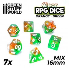 7x Dadi Mix 16mm - Arancione/Verde Trasparente